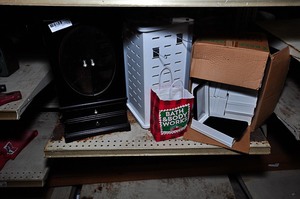 lot 334 image: Jewelry box with mirror on outside doors, storage device, & smaller jewelry boxes