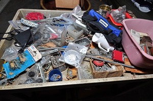 lot 348 image: Assorted nails, hinges, & other garage-related items