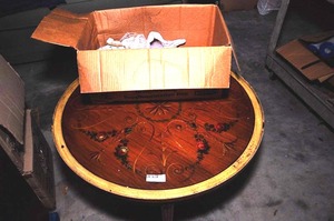 lot 376 image: Decorative Wooden Coffee Table, and Box of Stuffed Animals