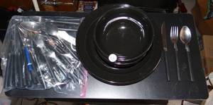 lot 42 image: ASSORTED PLACE SETTINGS WITH TWO BOWLSPLATES AND MANY KNIFE, FORK & SPOON SETS