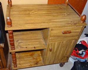 lot 52 image: VINTAGE WOOD MICROWAVE CART WITH STORAGE CABINET AND DRAWER ON ROLLING CASTERS