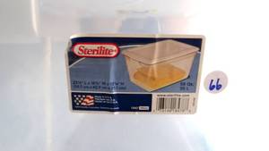 lot 66 image: STERILITE 58 QT PLASTIC TOTE WITH CRACKED LID AS SHOWN