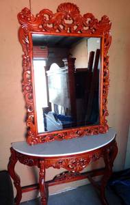 lot 173 image: Incredible Marble Top Vanity Table with Ornate Carved Wooden Mirror - MUST SEE
