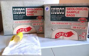 lot 184 image: Hubco 5 x 7 Cloth Geological Sample Bags with Golden Magic Mark, 100 count plus another box size 4 12 x 6 (100 ct)