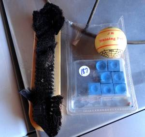 lot 187 image: ARAMITH JIM REMPE SPECIAL BILLIARD TRAINING ACCESSORY POOL TABLE BALL  CUE BALL , CHALK, AND FELT BRUSH
