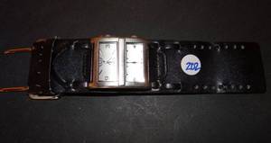 lot 202 image: LARGE DOUBLEFACED MENS WATCH WITH JF MARKING IN WIDE LEATHER STRAP