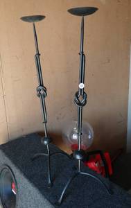 lot 238 image: LOVELY CUSTOM METALWORK BLACK CANDLE STANDS