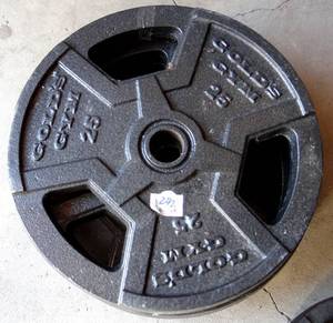 lot 242 image: GOLDS GYM 25 POUND BARBELL WEIGHTS - 4 X 25  100 POUNDS