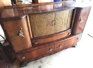 lot 1 image: Vintage (circa 1940) waterfall edge side table buffet - walnut veneers and solid