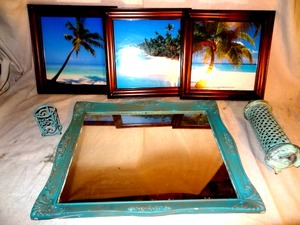 lot 16 image: Vintage Mirror with Metal candle holders and Wood framed Beach art