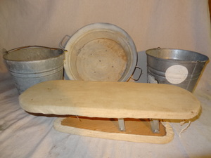 lot 20 image: Lot of 3 Metal tubs and Small portable ironing board