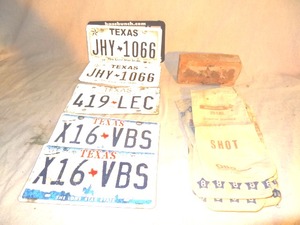 lot 24 image: Collectible lot 1 - Texas License plates  Shot bags - Winchester, All-American, Lawrence  Star brick