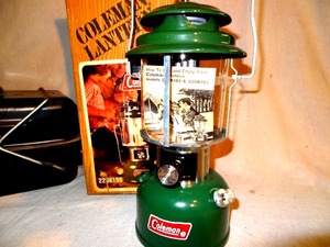 lot 35 image: Camping lot - Vintage Coleman lantern in box (never used)  portable BBQ grill  Coffee percolator