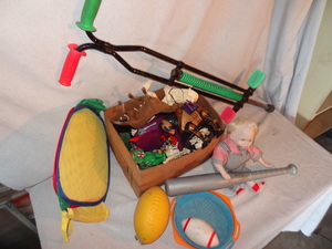 lot 60 image: Kids toy lot - vintage actiion figures, pogo stick, funny doll