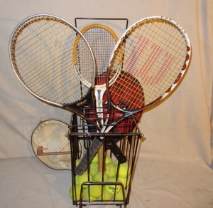 lot 74 image: Tennis lot - includes rackets, balls, and Wilson ball hopperstand