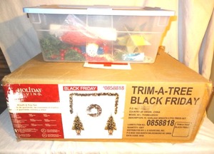 lot 76 image: Christmas lot #2 - includes ornaments in plastic tub & 4 pc set from Lowes in box - only used 1 season