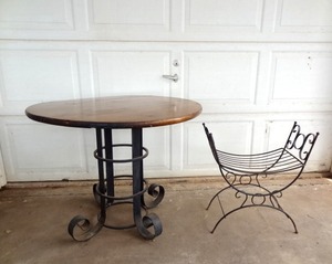 lot 79 image: Round Wood Table with Metal base and Metal Bench Seat
