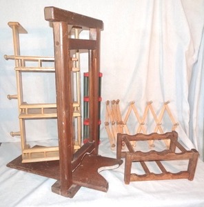 lot 97 image: Wooden Cowboy Boot Puller, Spice Rack, Wine Rack, Cup holders, and Small shelf