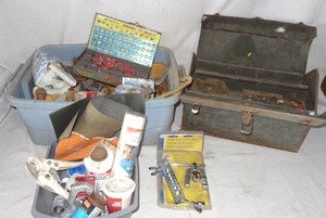 lot 143 image: Plumbers Lot (includes Toolbox, Flaring tool & huge assortment of saddle seats)