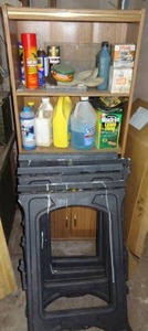 lot 150 image: Storage Shelf & Contents  includes 4 pvc saw horses