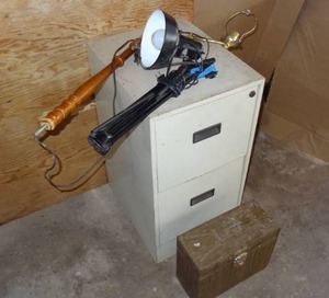 lot 168 image: Lot w Metal Filing Cabinet, File Box, and lamps