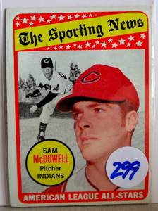 lot 299 image: 1969 Topps Baseball The Sporting News Sam McDowell Cleveland Indians Card #435
