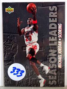 lot 333 image: VERY HOT CARD -  1993-94 UD NBA Season Leaders Scoring Michael Jordan Chicago Bulls Card #166 $$$$