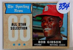 lot 334 image: 1968 THE SPORTING NEWS ALL STAR SELECTION BOB GIBSON CARD # 378 $$$