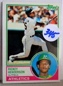 lot 345 image: 1983 Topps Rickey Henderson Oakland Athletics #180 Baseball Card
