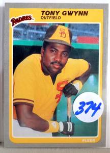 lot 374 image: 1986 FLEER #323 TONY GWYNN San Diego Padres Baseball Card, HOF, OF, CF, RF, LF.