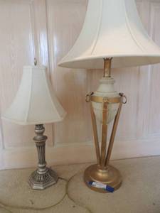 lot 38 image: Gold lamp with shade 35 T silver lamp with shade 25H