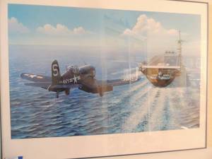 lot 10 image: 1983 R.J. Pond by Stan Strokes 156700 Chance Vought F4U-4 Corsair 50x38 FRAMED ART