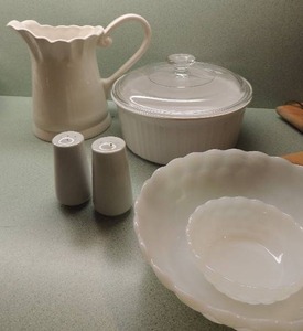 lot 65 image: White Harry & David 1934 pitcher   White Glass CHIP & DIP Bowls   S&P shakers,   4 qt. corning bowl with lid