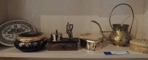 lot 71 image: Wooden box with drawer has a mini scale on top 5x4 handle  brass tea pot no lid, blue porcelain jewlery box by Imperial DE linages France trinity pottery wall dcor says life is uncertain eat dessert first and heart shaped gold trinket