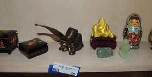 lot 68 image: 2 Black Lacquar Trinket boxes,  brass pipe holder,  and church egg plus more