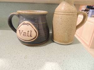 lot 82 image: Vale pottery mug and pottery pitcher with Kessler on the bottom