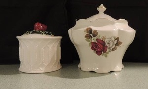 lot 90 image: Prussian cracker bowl approx. 2.5 pounds strawberry  preserves circa 1860 mint condition white strawberry top sugar cannister