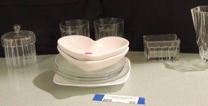 lot 88 image: 2 heart shaped bowls 3 glass plates 2 crown royal glasses and more
