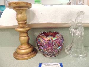lot 86 image: Carnival glass candy dish wood candle stand, glass angel candle holder