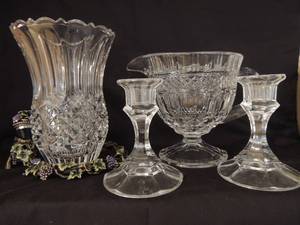 lot 113 image: Six inch candle holder X2, creamer, vase  and  wine stopper