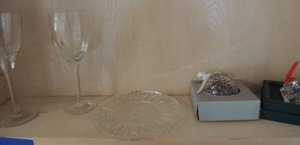 lot 108 image: 2 long stem Waterford crystal champagne glasses,   Waterford crystal  ball tree ornament NIB    Waterford marquis glass ornament,  GLASS PLATE