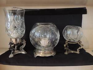 lot 107 image: Oval crystal candle holder on brass stand 7 tall 2 crystal glass bowl on silver stand for candles crystal vase on silver stand