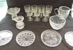 lot 126 image: 7 shot glasses , candle holders and crystal drink coasters