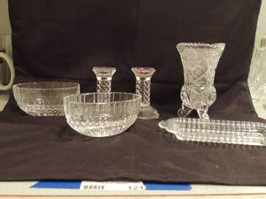 lot 121 image: Vase, candle stick holders batton butter dish