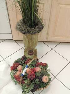 lot 148 image: Metal dcor basket with fruit tall vase with fake plant 49 tall