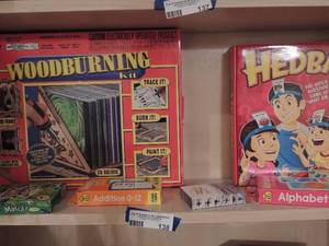 lot 138 image: Wood burning kit, headbanz game, cards, alphabet and addition cards