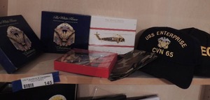 lot 145 image: 2 Whitehouse 2017 & 2019 Christmas ornaments,   Marine Corp Christmas ORNAMENT ,   USS ENTERPRISE CAP  & RECRUIT CAP