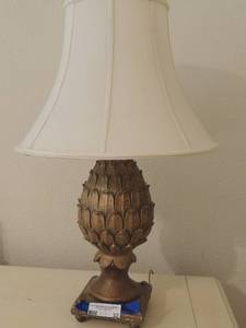 lot 32 image: Gold table lamps with shade  26 H  qty 2