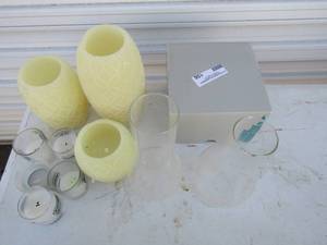 lot 156 image: Lead crystal party light tea candle stand in original box,  3 yellow electric candle lights and assorted other candles
