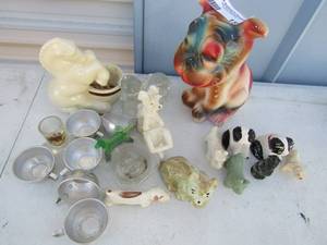 lot 159 image: 6 mini tin cups 8x4 pug statue two x 3 glass puppy figurines and other dog figurines